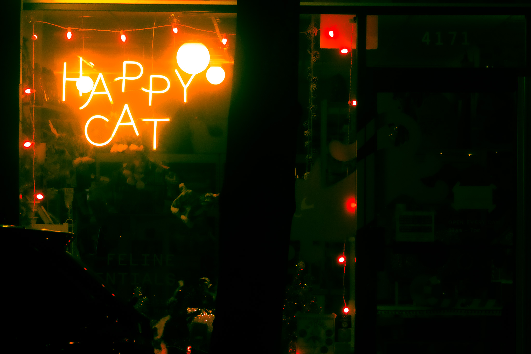 A storefront at night with orange lights around the window and an orange neon sign that says "Happy Cat".